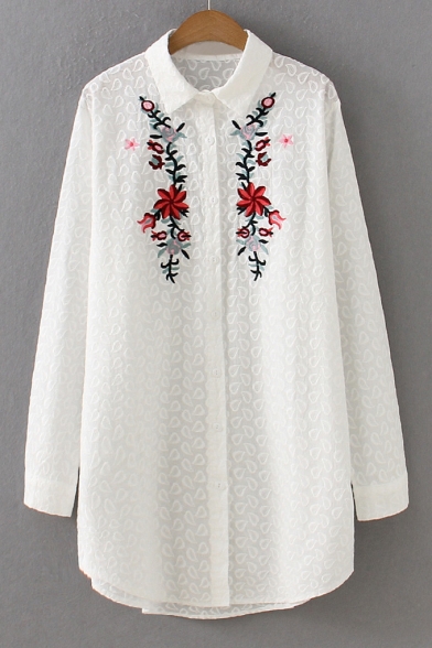 Trendy Floral Embroidered Lapel Long Sleeve Single Breasted Tunic Shirt