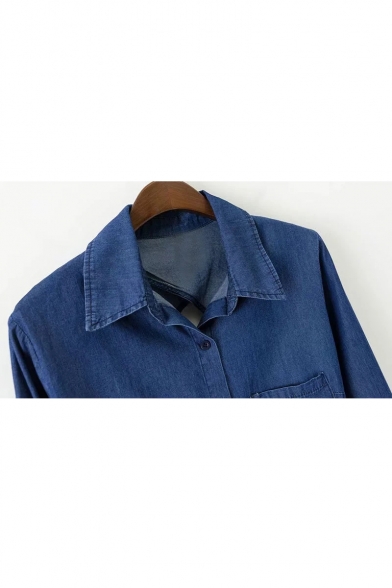 Trendy Plain Lace-up Cutout Hollow Back Long Sleeves Button Down Denim Shirt