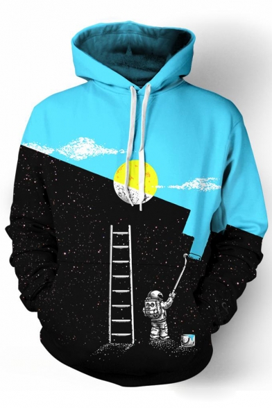 Autumn Fashion Color Block Day Night Astronaut Ladder Galaxy Printed Pullover Hoodie