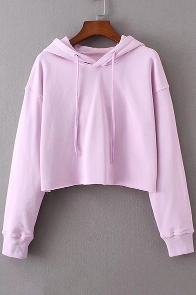 Basic Simple Plain Long Sleeves Pullover Cropped Hoodie with Drawstring