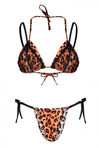Chic Leopard Print Lace Panel Tie Sexy Bikini
