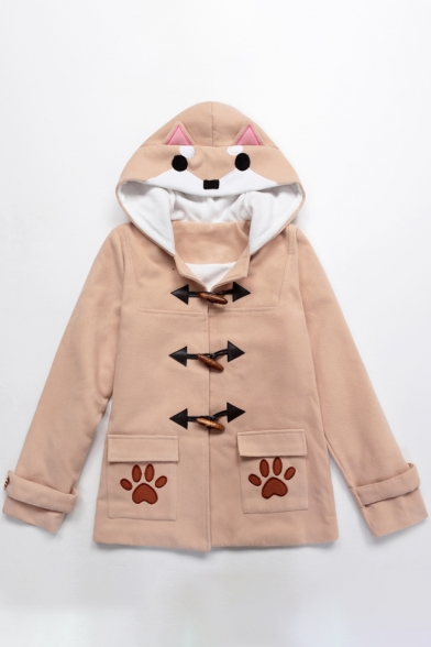 Cute Shiba Dog Cartoon Paw Pattern Single Breasted Double Pockets Hooded Winter Coat