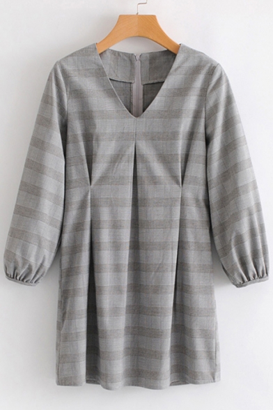 Elegant Checkered Plaids V-Neck Blouson Sleeves Zip-Back Shift Mini Dress