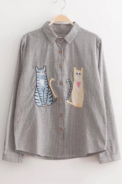 Embroidery Cartoon Cat Pattern Button Down Long Sleeve Lapel Shirt