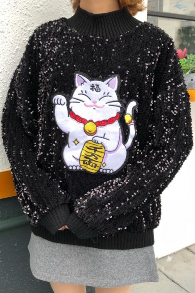 Fancy High Neck Sequined Fortune Cat Applique Pullover Loose Sweatshirt