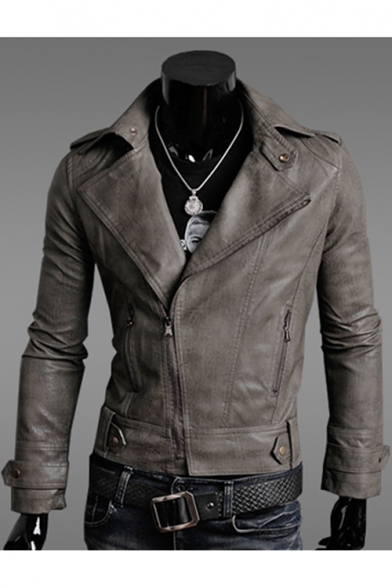 Fashion Faux Leather Plain Notch Lapel Long Sleeve Zipper Biker Jacket