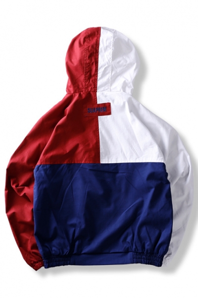 Fashion Letter Color Block Print Zipper Long Sleeve Hooded Jacket