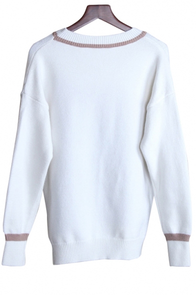 Fashionable Cartoon Bear Print Round Neck Long Sleeve Pullover Sweater