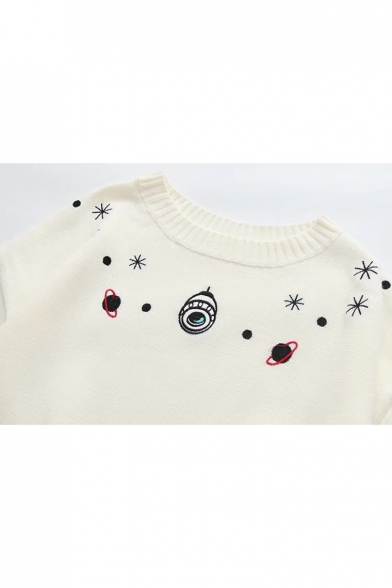 Leisure Planet Snowflake Embroidered Round Neck Batwing Sleeves Pullover Sweater