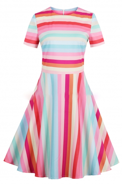 Retro Colorful Striped Print Round Neck Short Sleeve Fit & Flare Dress