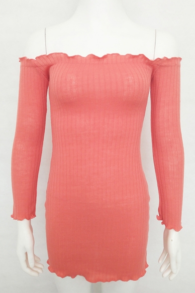 Sexy Off the Shoulder Long Sleeves Ruffle Trimmed Slim-Fit Mini Bodycon Knitted Dress