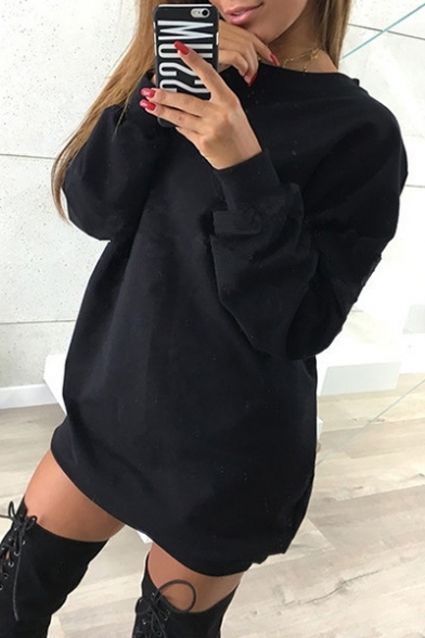Simple Basic Plain Round Neck Long Sleeves Pullover Sweatshirt Mini Dress