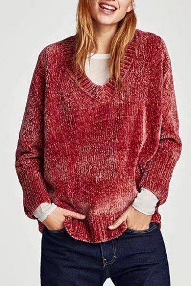 Simple Plain V-Neck Long Sleeve Pullover Sweater
