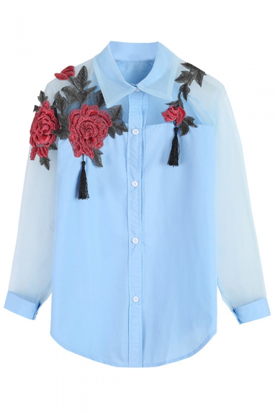 Stylish 3D Floral Rose Tassel Embellished Button Down Patchwork Shirt