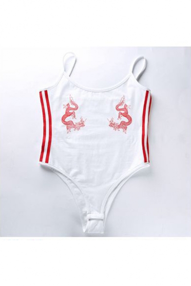 Stylish Dragon Pattern Spaghetti Straps Striped Side Slim-Fit Summer Swimwear