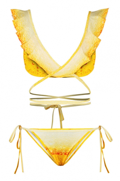 Trendy 3D Juice Drink Pattern V-Neck Tie Waist Bow Ruffle Summer Bikini