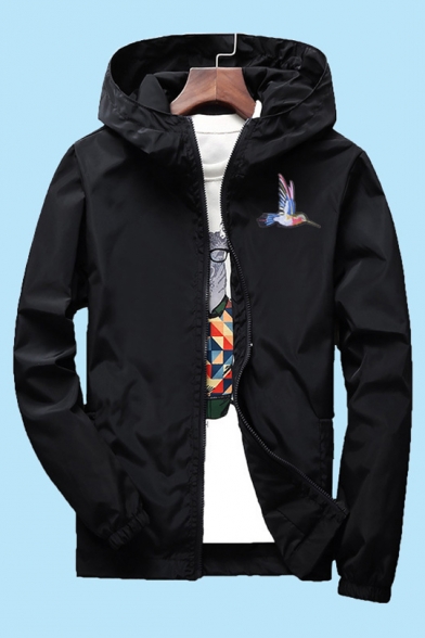 Unisex Hummingbird Embroidered Elastic Cuff Hooded Zippered Jacket with Pockets