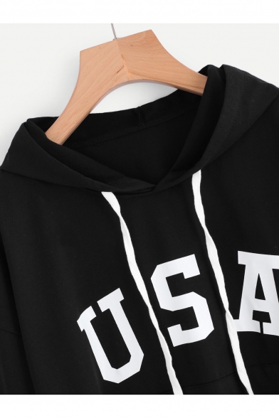 Casual Letter Flag Printed Cutout Hollow Long Sleeves Pullover Hoodie