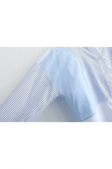 Chic Color Block Striped V-Neck Long Sleeve Single Breasted Dip Hem Shirt