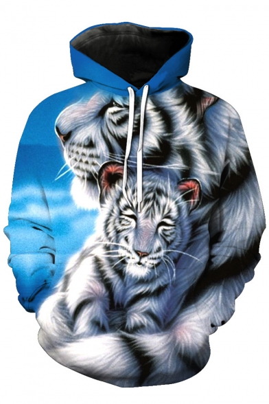 Cute White Tiger Printed Long Sleeves Pullover Casual Hoodie with Pocket