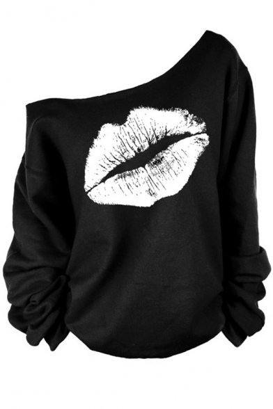 Fashionable Lip Print Long Sleeve One Shoulder Pullover Sweatshirt