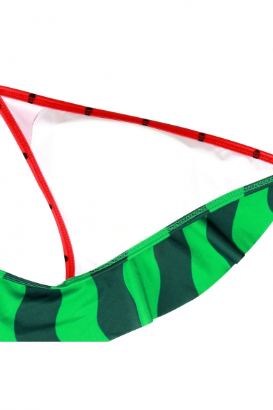 Girlish Watermelon Pattern V-Neck Tie Waist Bow Ruffle Summer Bikini