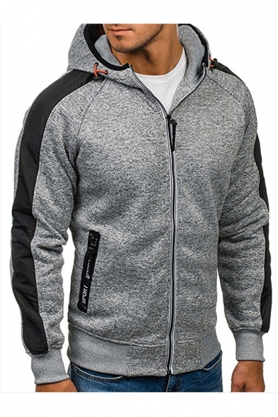 Men's Fashion Color Block Long Sleeves Zippered Hoodie with Pockets