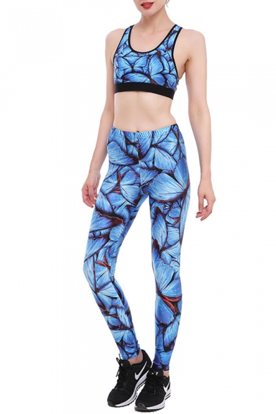 New Arrival Butterfly Pattern Scoop Neck Cropped Tank with High Waist Workout Pants