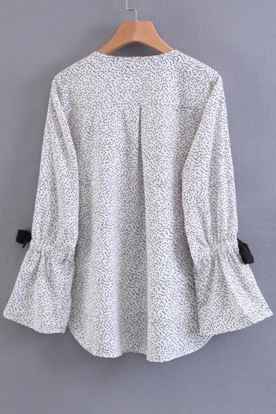 Peasant Polka Dotted Bow Bell Sleeves Dipped Hem Button Detail Blouse