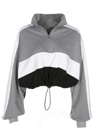 Pop Color Block High Neck Zip-Front Drawstring Waist Loose Cropped Hoodie