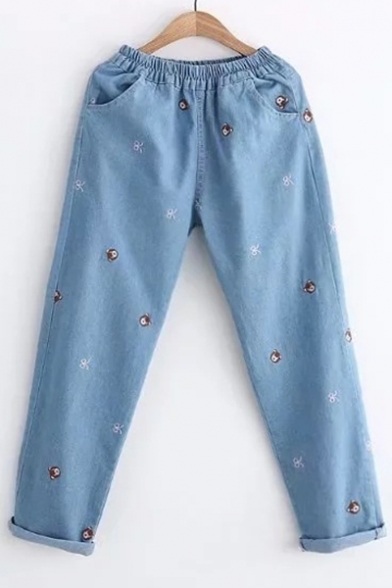 Pop Embroidered Cartoon Bear Pattern Elastic Waist Jeans