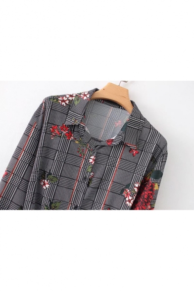 Retro Plaid Floral Print Tie Waist Lapel Long Sleeve Button Shirt Dress