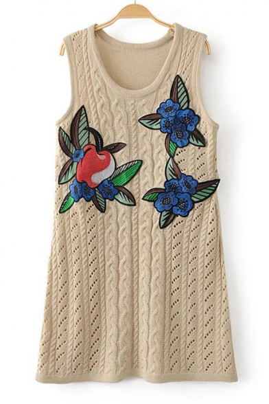 Retro V-Neck Sleeveless Floral Apple Embroidered Double Knitted Sweater Tank Mini Dress