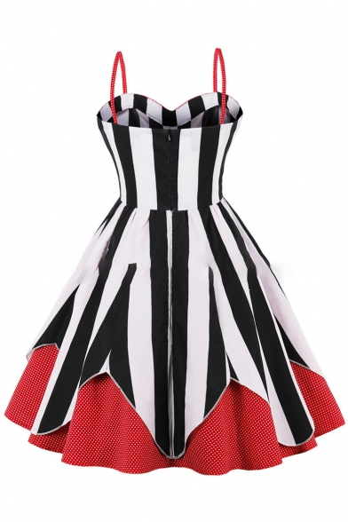 Retro Striped Polka Dot Print Fit & Flare Slip Dress