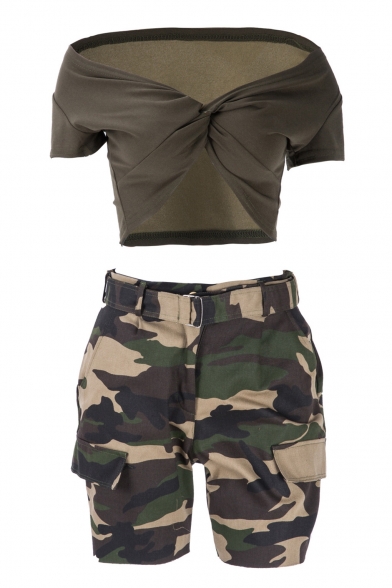 Sexy Off The Shoulder Wrap Front Short Sleeve Cropped Tops Camouflage Co-ords