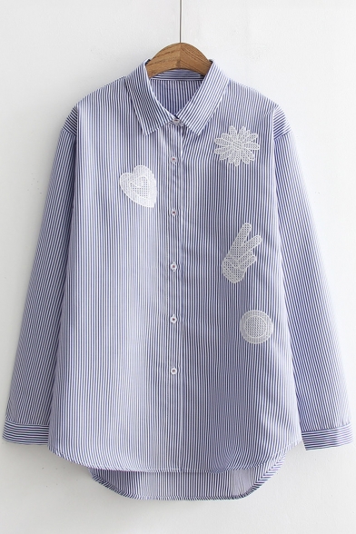 Simple Sweetheart Floral Hand Embroidery Point Collar Long Sleeves Button Down Shirt
