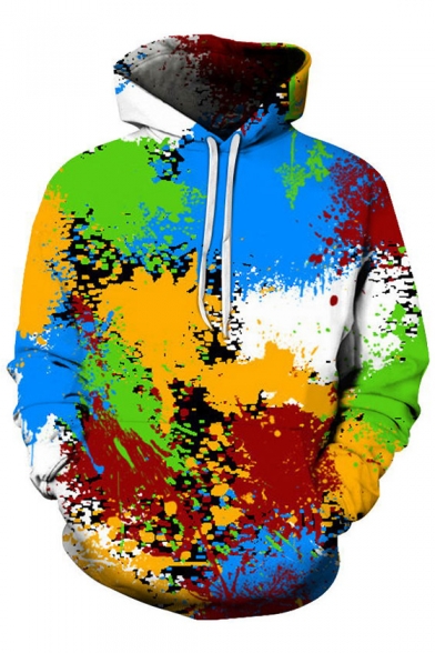 Stylish 3D Color Block Print Long Sleeve Pocket Hoodie for Couple