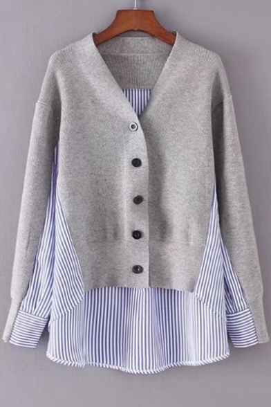 Stylish Color Block Striped Patchwork Button Detail Pullover Sweater