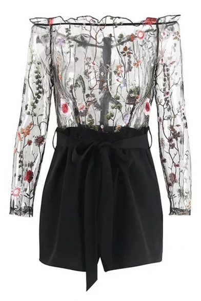 Stylish Floral Embroidered Off the Shoulder Long Sleeves Bow Belted Slim-Fit Romper
