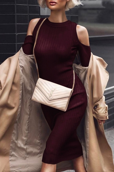 Stylish Plain Cold Shoulder Long Sleeve Knitted Dress