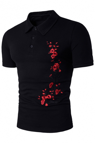 Summer's New Arrival Floral Embroidered Slim Fit Lapel Collar Short Sleeve Tee