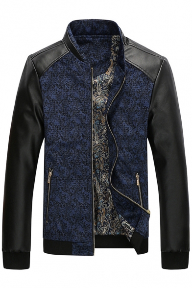 Trendy Baroque Symbol Pattern Color Block PU Patchwork Zippered Jacket with Pockets