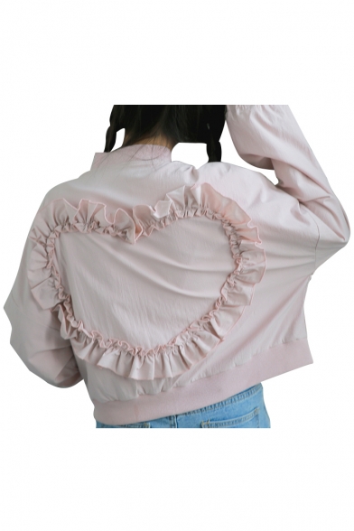Trendy Ruffle Heart Shape Long Sleeve Stand-Up Collar Zipper Plain Coat