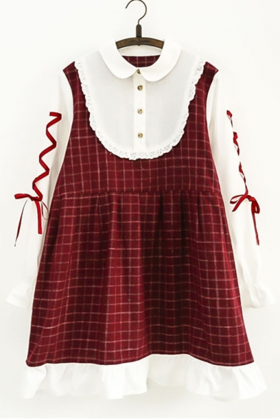 Girlish Gingham Plaids Color Block Peter Pan Collar Lace-up Sleeve Smock Mini Dress