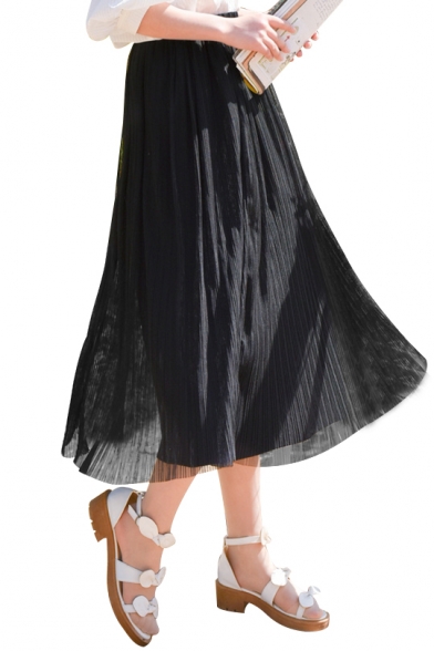 Ladylike Elastic Waist Plain Pleated Midi Women's Spring Skirt