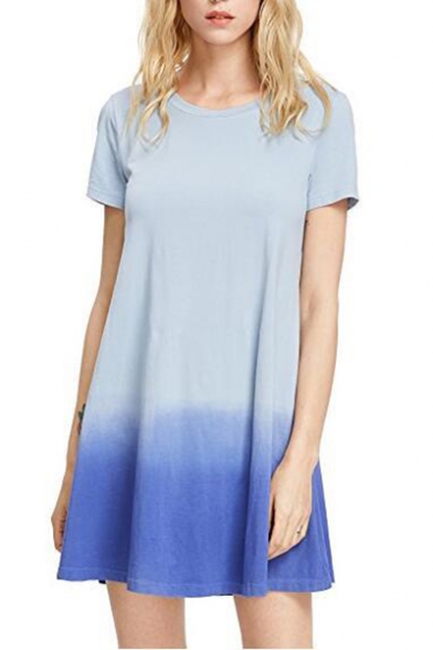 Leisure Ombre Printed Round Neck Short Sleeve Mini A-Line Dress