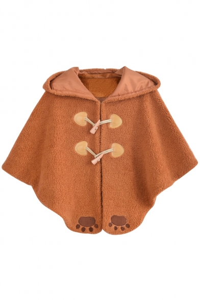 Spring Fashion Double Button Paw Pattern Bear Ears Hooded Tail Fur Cape