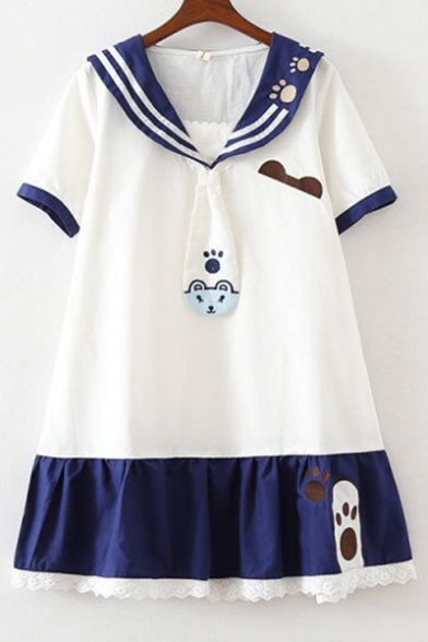 Girlish Color Block Navy Collar Bear Paw Embroidered Necktie Swing Mini Dress