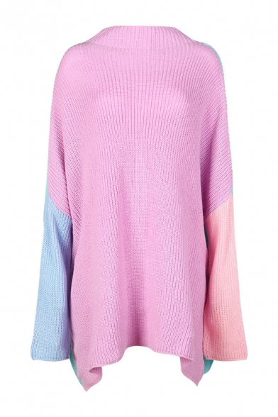 Simple Color Block High Neck Dropped Long Sleeve Loose Pullover Sweater