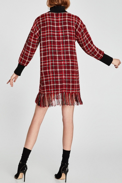 Spring Fashion High Neck Tartan Plaids Color Block Pattern Tassel Hem Shift Mini Dress